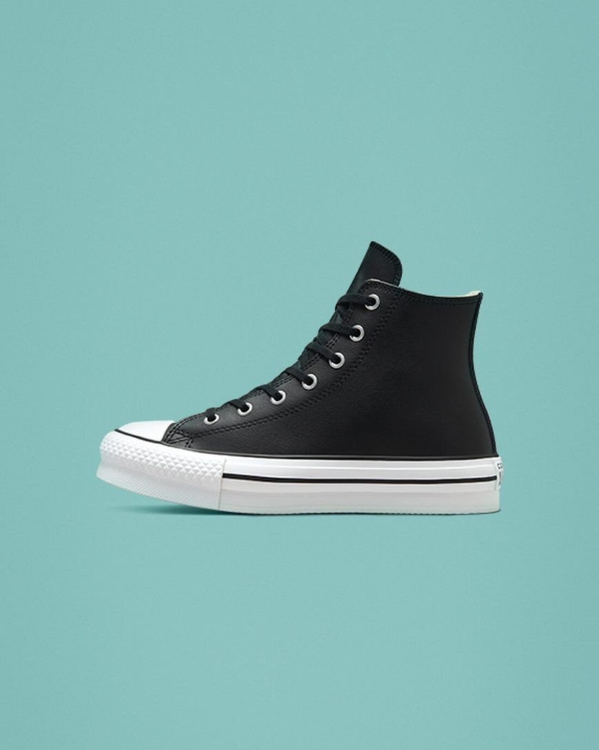 Boys' Converse Chuck Taylor All Star Lift Leather High Top Platform Shoes Black / Beige White | AU 4108CW